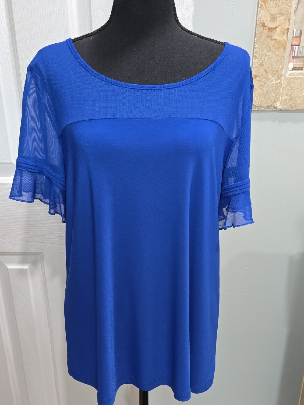 Per Seption Blue Mesh Sleeve Scoop Neck Top Size L